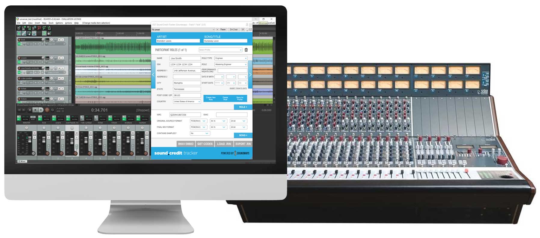 Sound Credit Tracker in a Reaper session, displayed on a computer monitor next to a recording console